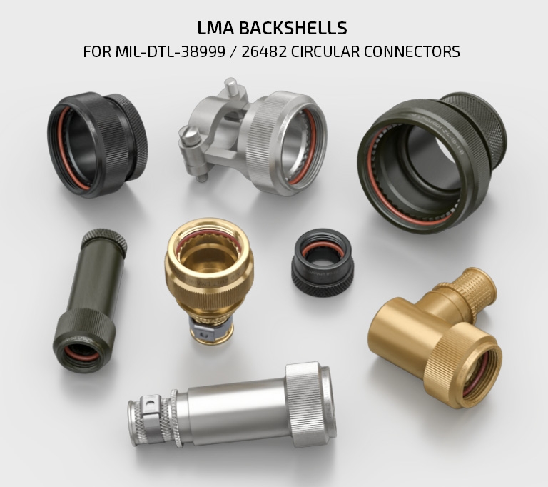 LMA19 M85049 Circular Angled, Straight and 90 degree Band, Spring, Heat Shrink Boot Backshells and Cable Clamps for MIL-DTL-38999/26482 and JVS connectors - banner mobile